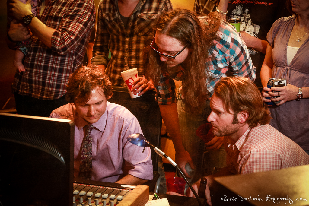 Andrew Tinker (producer) with Jeremy Hutchison and Aaron Borden (Exit 380) at Big Acre Sound, Photo by Ronnie Jackson